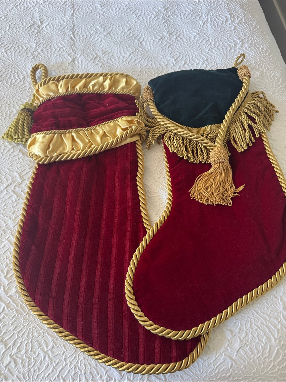 Velvet Gold-Trim Christmas Stockings - Red & Green